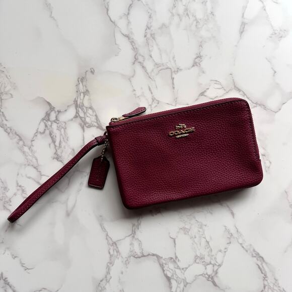 Coach Double Zip Pebbled Leather Wristlet Rouge Burgundy Wine Red Wallet NWOT - Picture 2 of 9